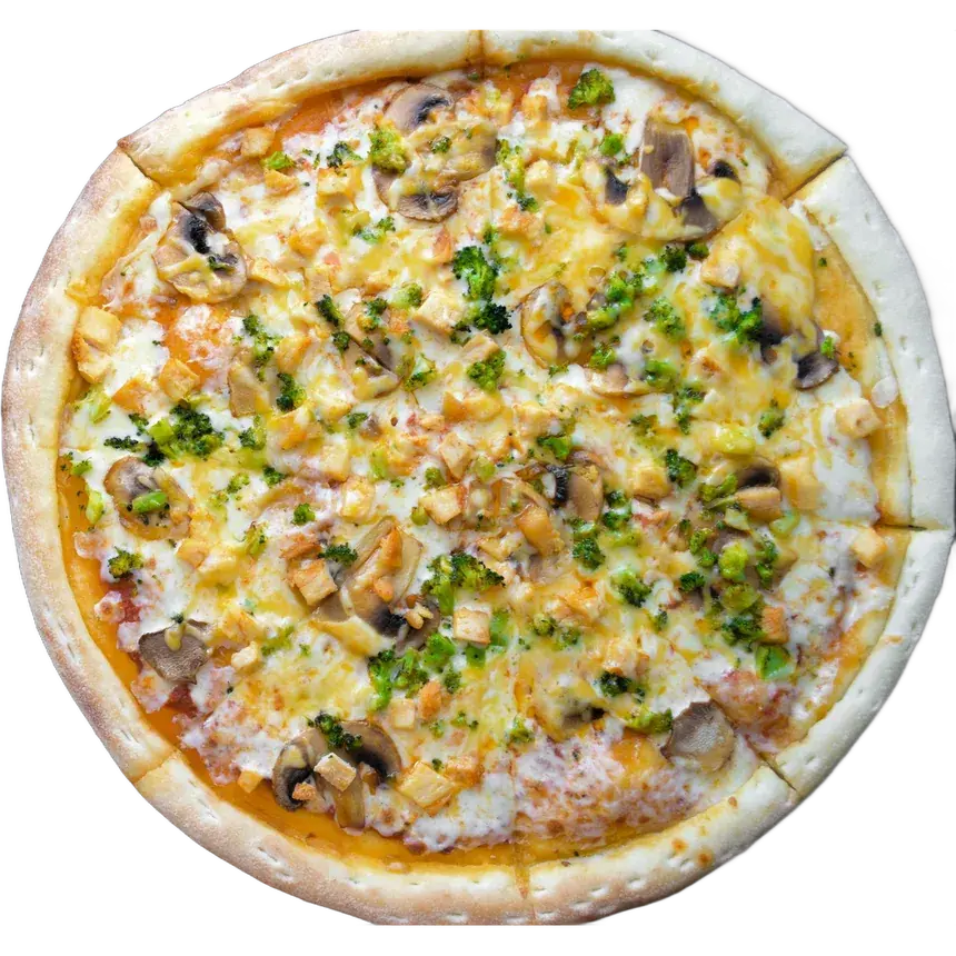 Pizza z kurczakiem, brokułem i pieczarkami, widok z góry