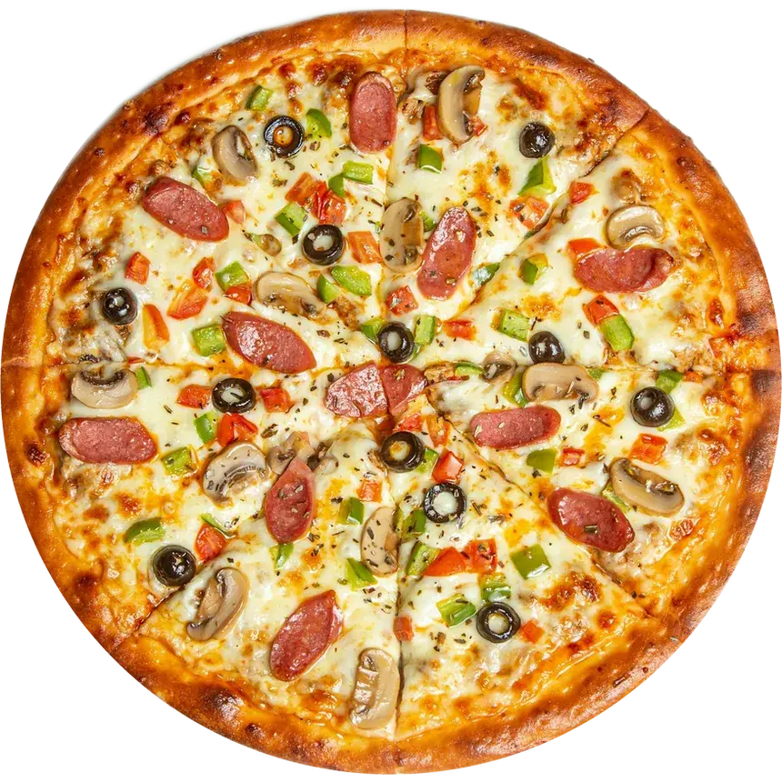 Pizza z kiełbasą, pieczarkami i oliwkami, widok z góry