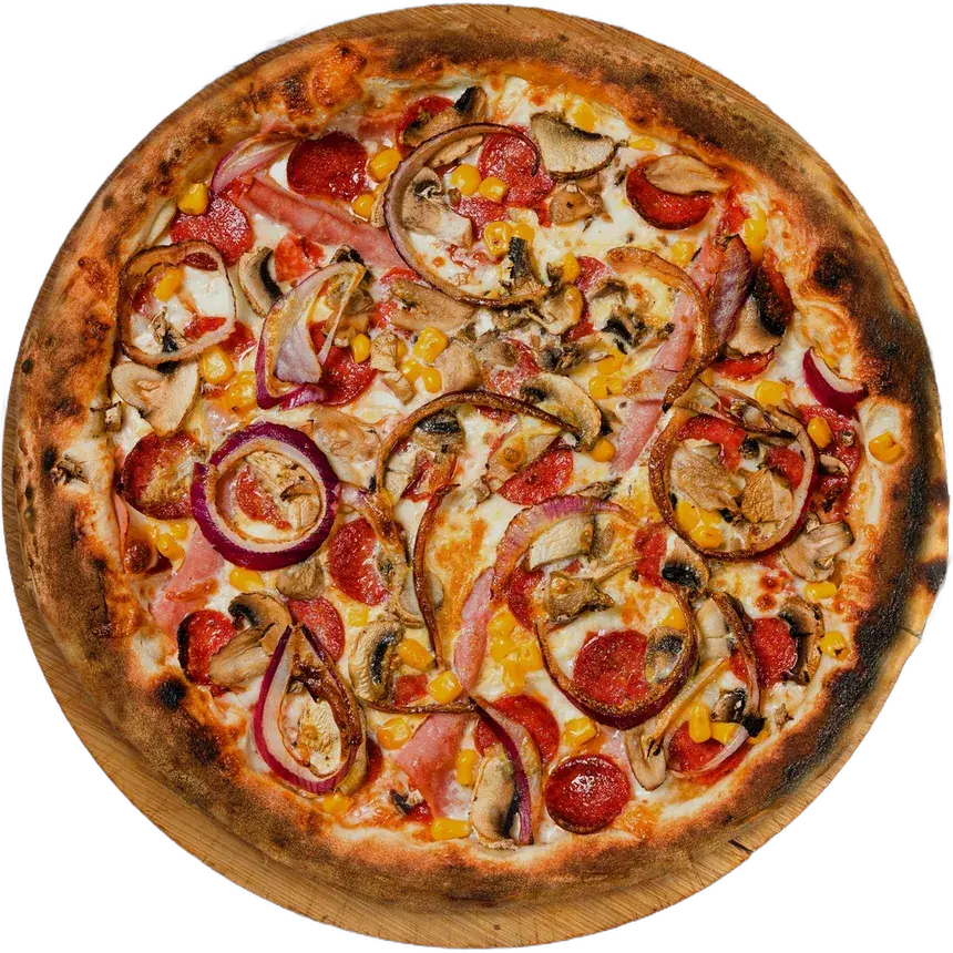 Pizza z szynką, salami, pieczarkami i czerwoną cebulą