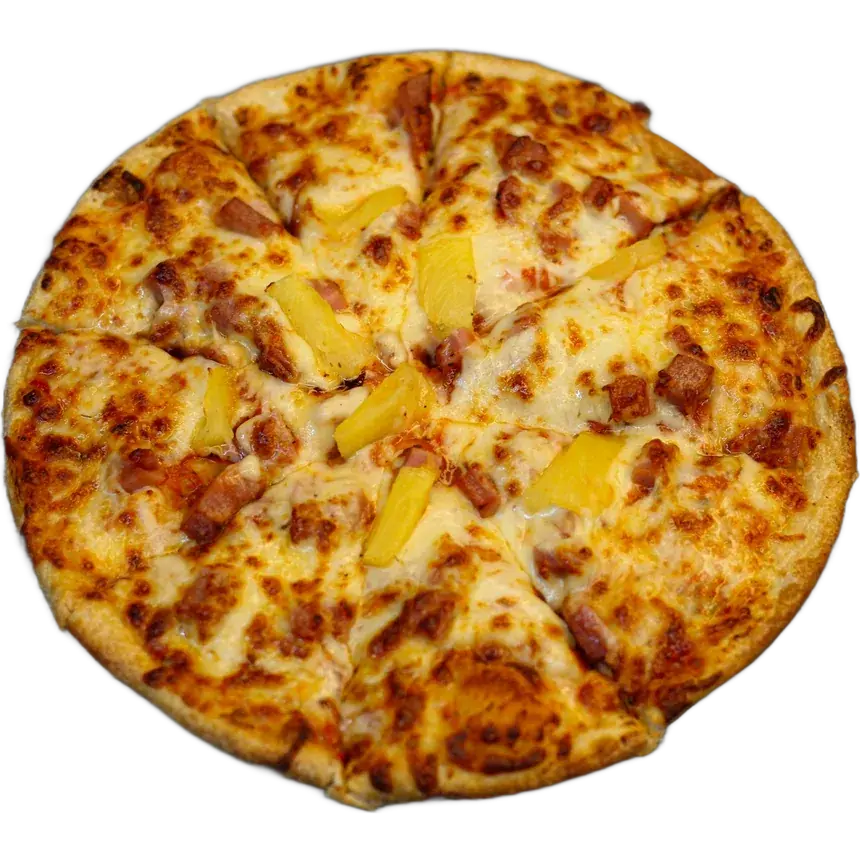 Pizza hawajska z szynką i ananasem, widok z góry
