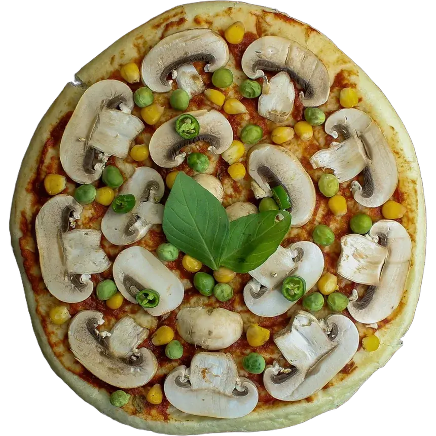 Pizza z pieczarkami, groszkiem, kukurydzą i bazylią
