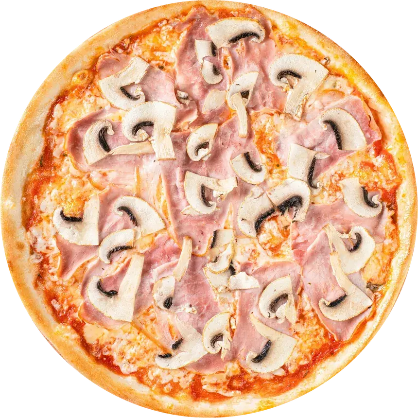 Pizza z szynką i pieczarkami, widok z góry