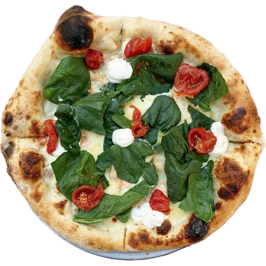 Biała pizza ze szpinakiem, suszonymi pomidorami i ricottą